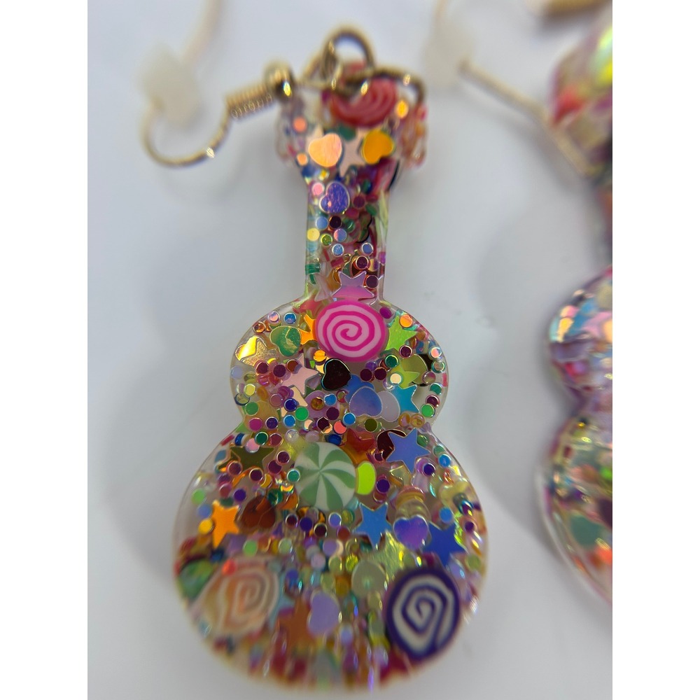 3 Pair Earring Lot Resin Guitar Confetti Drop Cream Flower & Yellow Bird Studs